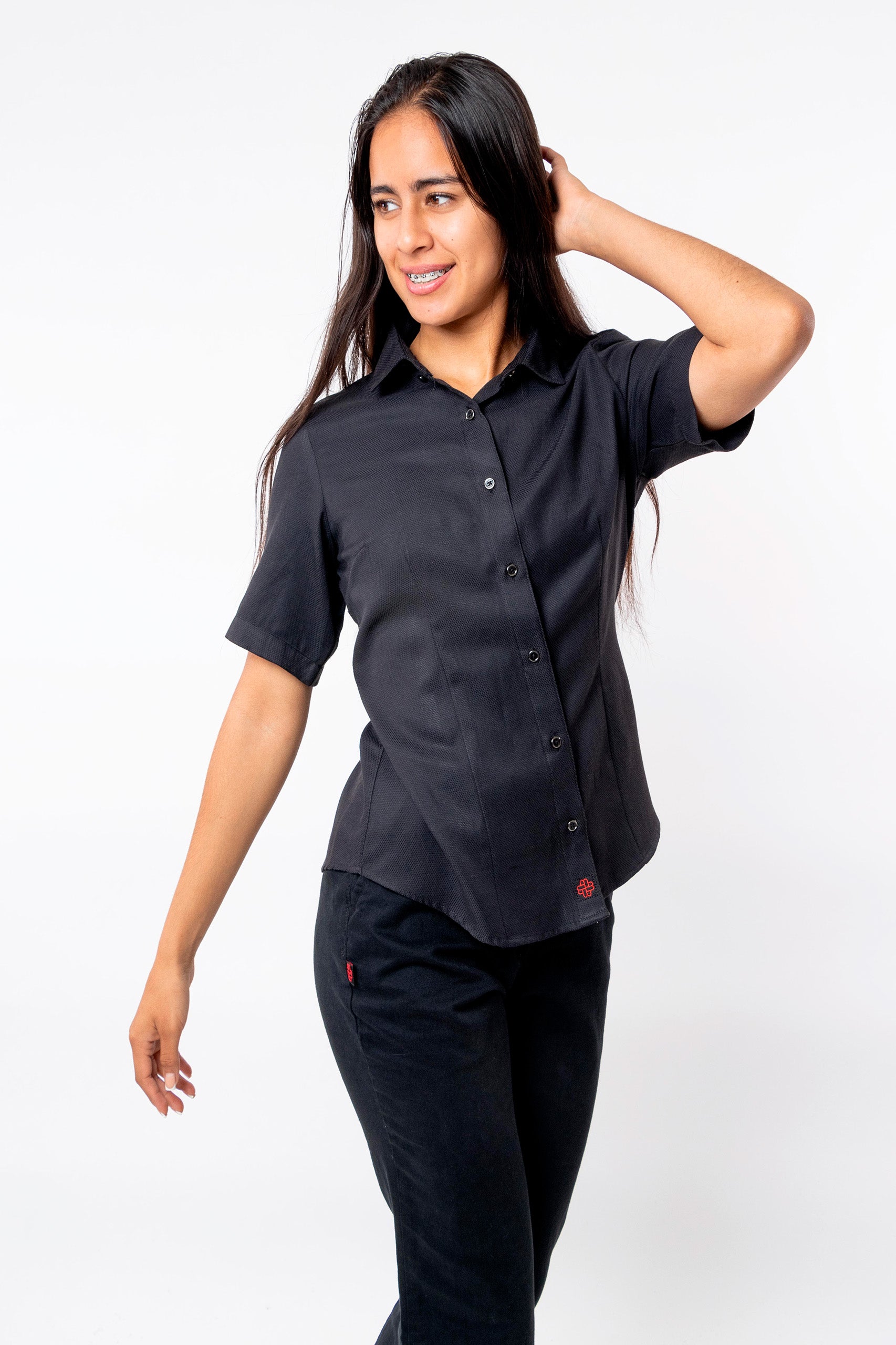 CAMISA SLIM FIT MANGA CORTA DERBY MUJER #Color_Negro