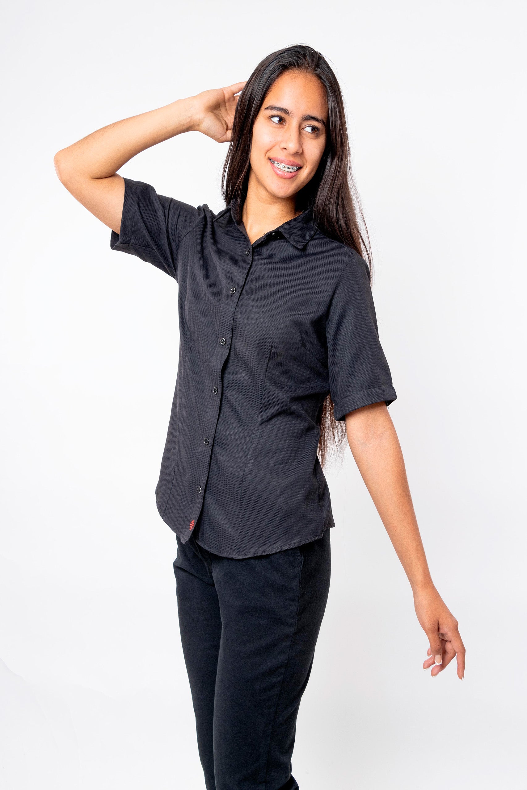 CAMISA SLIM FIT MANGA CORTA DERBY MUJER #Color_Negro