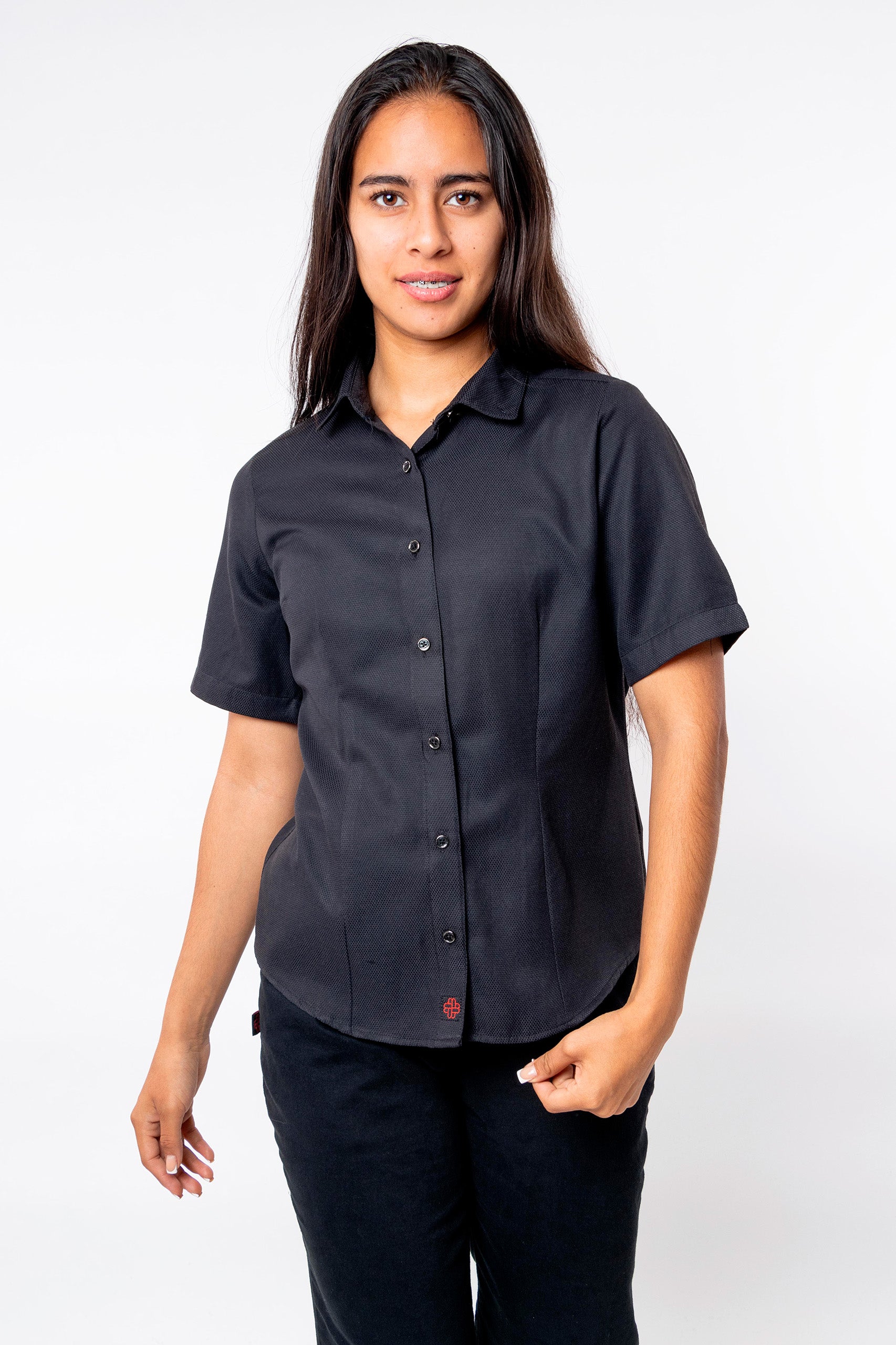 CAMISA SLIM FIT MANGA CORTA DERBY MUJER #Color_Negro