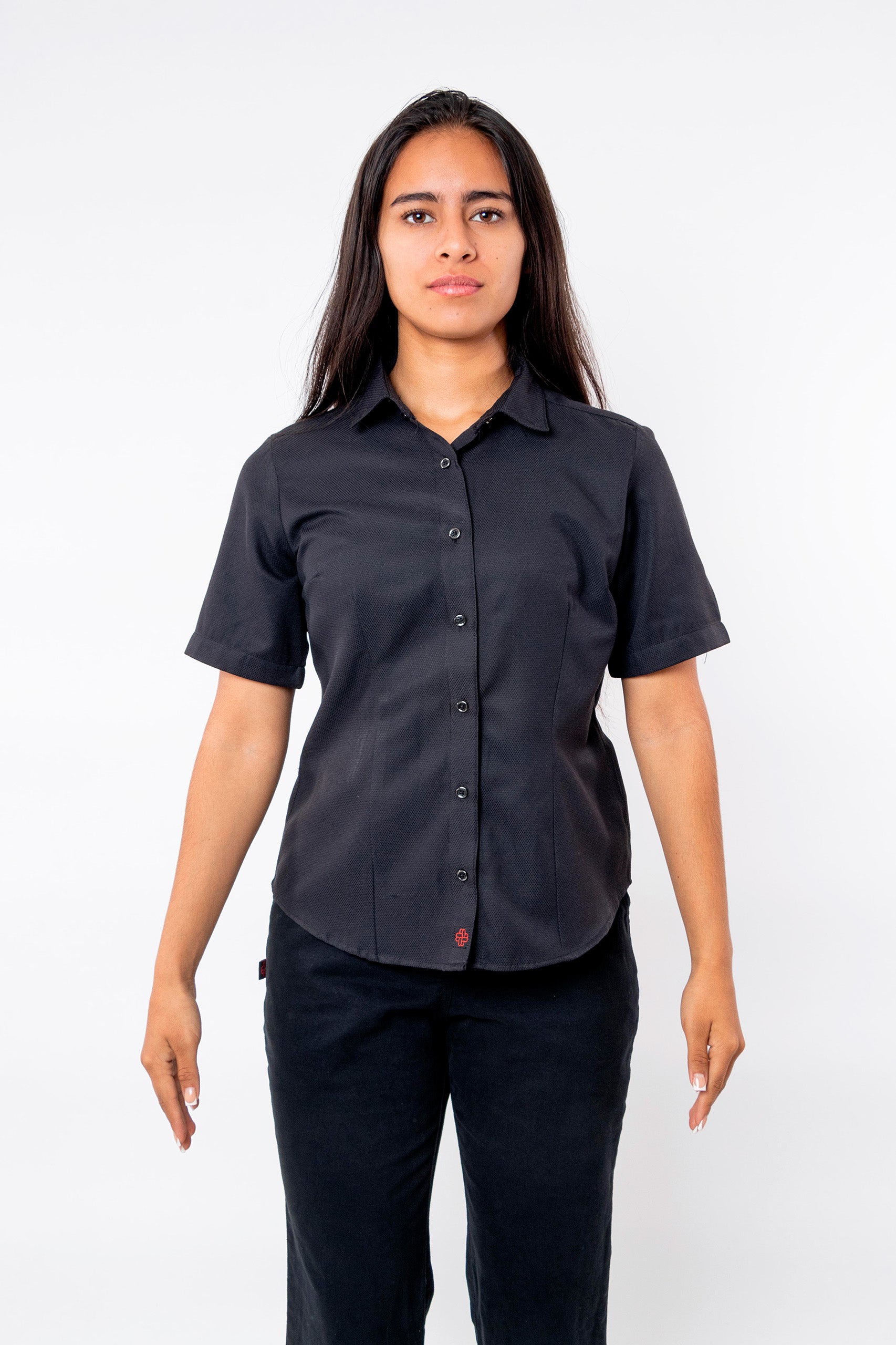 CAMISA SLIM FIT MANGA CORTA DERBY MUJER #Color_Negro