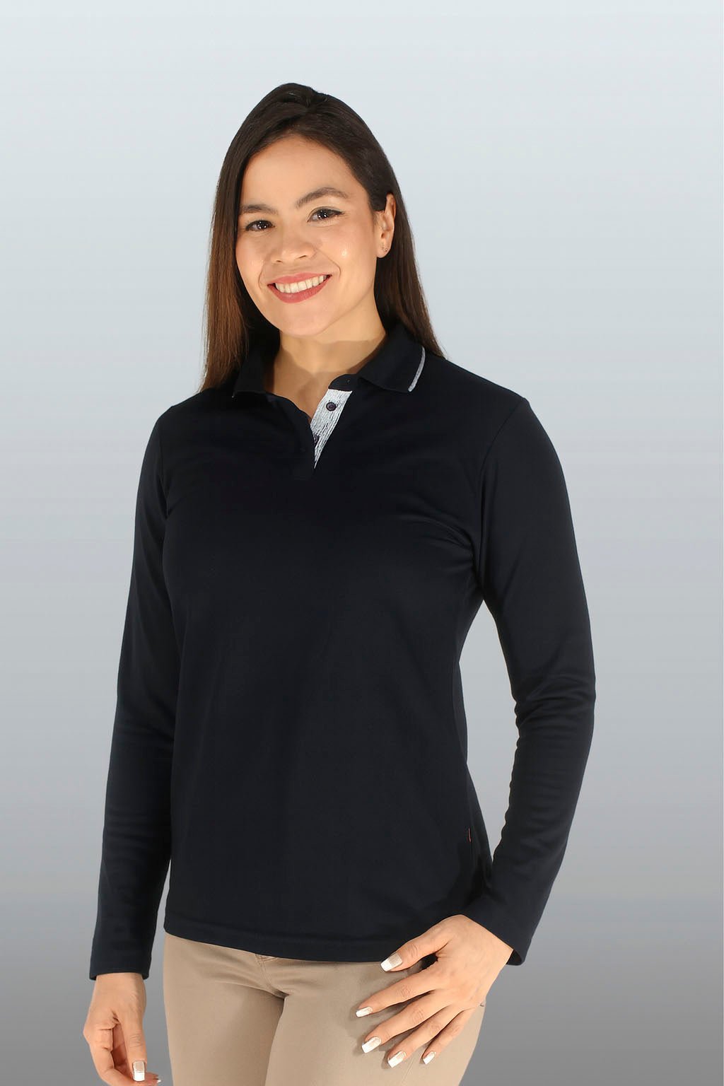 PLAYERA POLO DRY FIT ÁMSTERDAM MANGA LARGA MUJER #Color_Negro