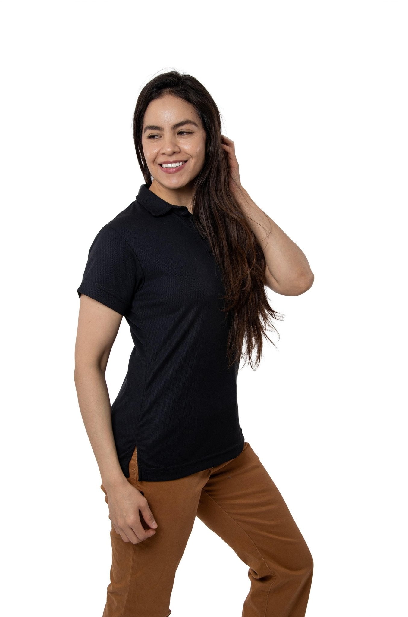 PLAYERA TIPO POLO DRY FIT PAMPLONA MUJER SUSTENTABLE #Color_Negro