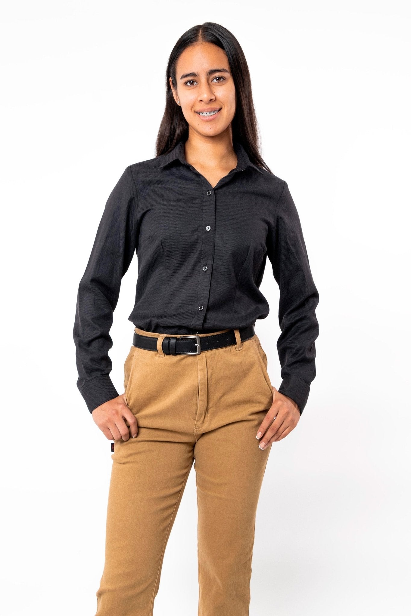 CAMISA FORMAL SLIM FIT MANGA LARGA DERBY MUJER #Color_Negro
