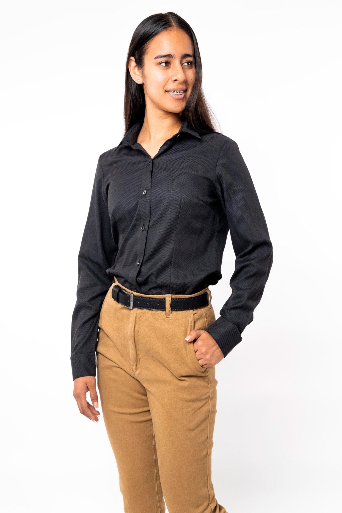 CAMISA FORMAL SLIM FIT MANGA LARGA DERBY MUJER #Color_Negro