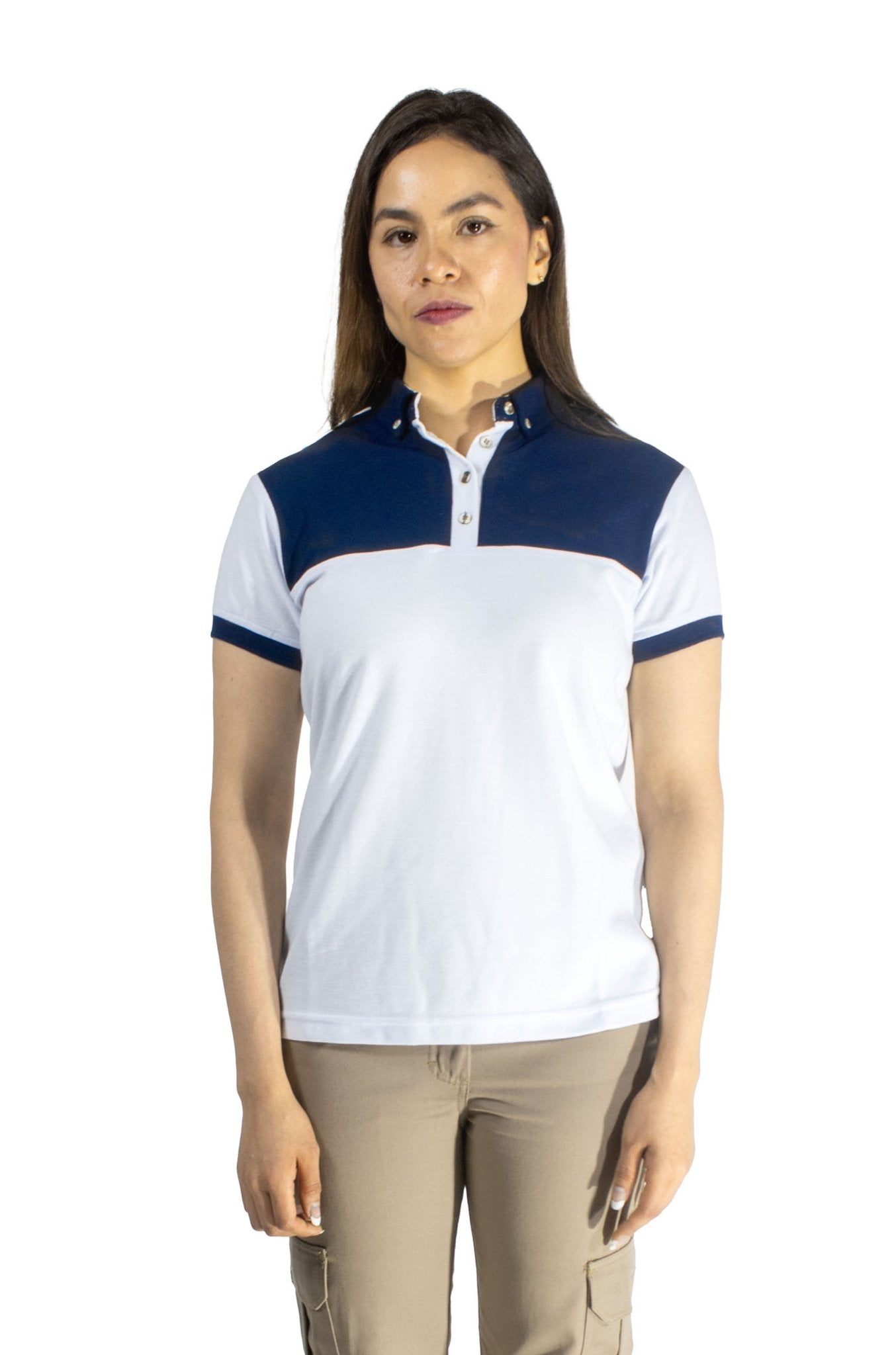 PLAYERA TIPO POLO LISBOA MUJER 
#Color_Blanco / Azul