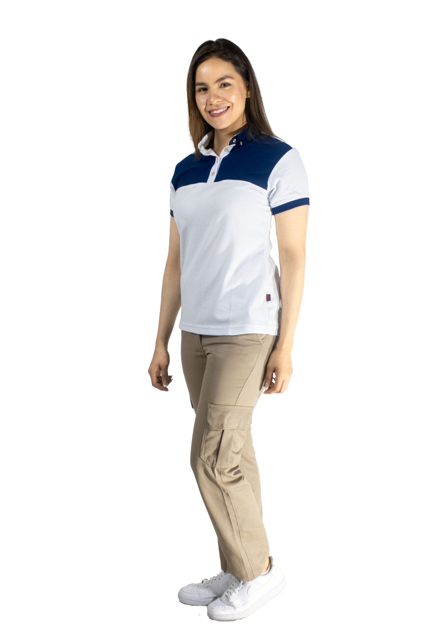 PLAYERA TIPO POLO LISBOA MUJER 
#Color_Blanco / Azul