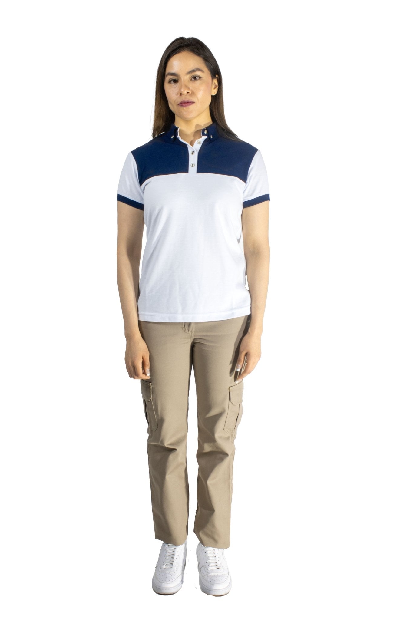 PLAYERA TIPO POLO LISBOA MUJER 
#Color_Blanco / Azul