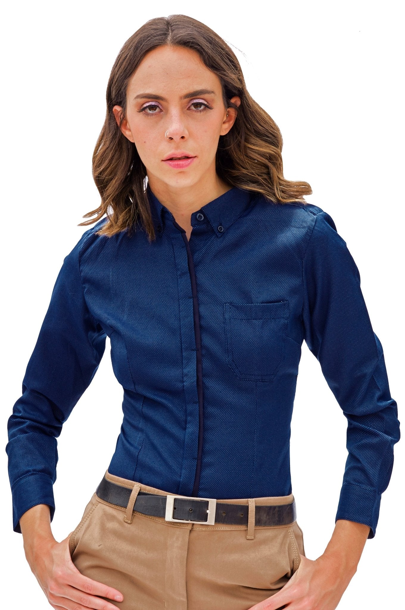 CAMISA CASUAL SLIM FIT MANGA LARGA MONTREAL MUJER #Color_Azul Marino